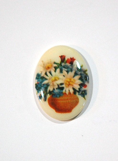 Vintage Glass Cabochon Bowl of Flowers 25x18mm cab680K