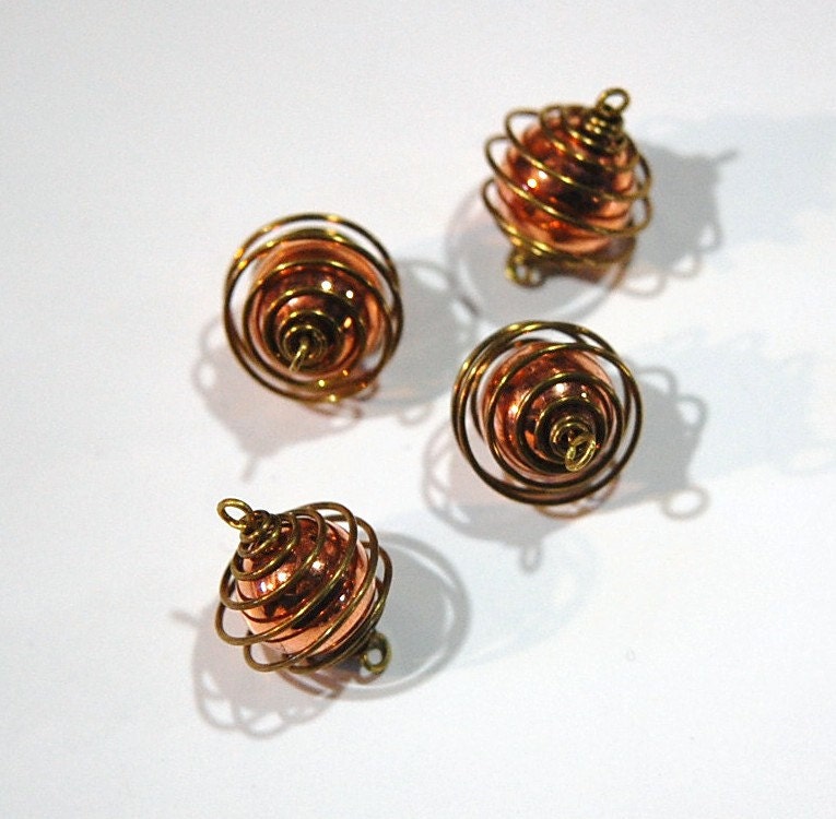 Vintage Raw Brass Cage with Acrylic Copper Bead Connector (4) mtl364A
