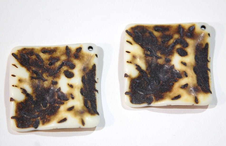 Vintage Matte Brown on Soft White Etched Square Wavy Acrylic Pendants 36mm (2) pnd149C