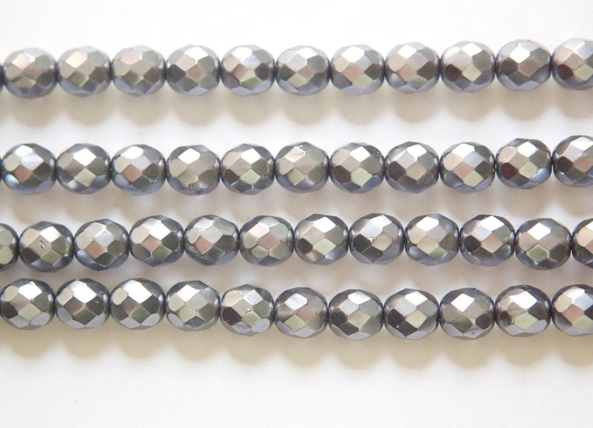 8mm Dark Gray Pearl Czech Firepolish Faceted Glass Beads (25)