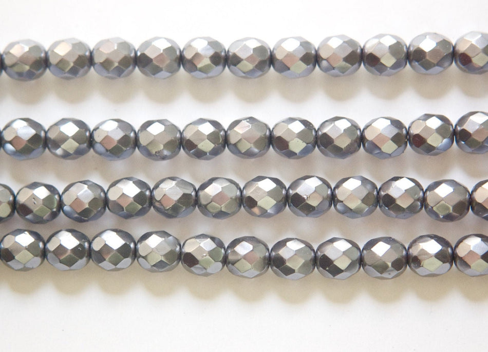 8mm Dark Gray Pearl Czech Firepolish Faceted Glass Beads (25)