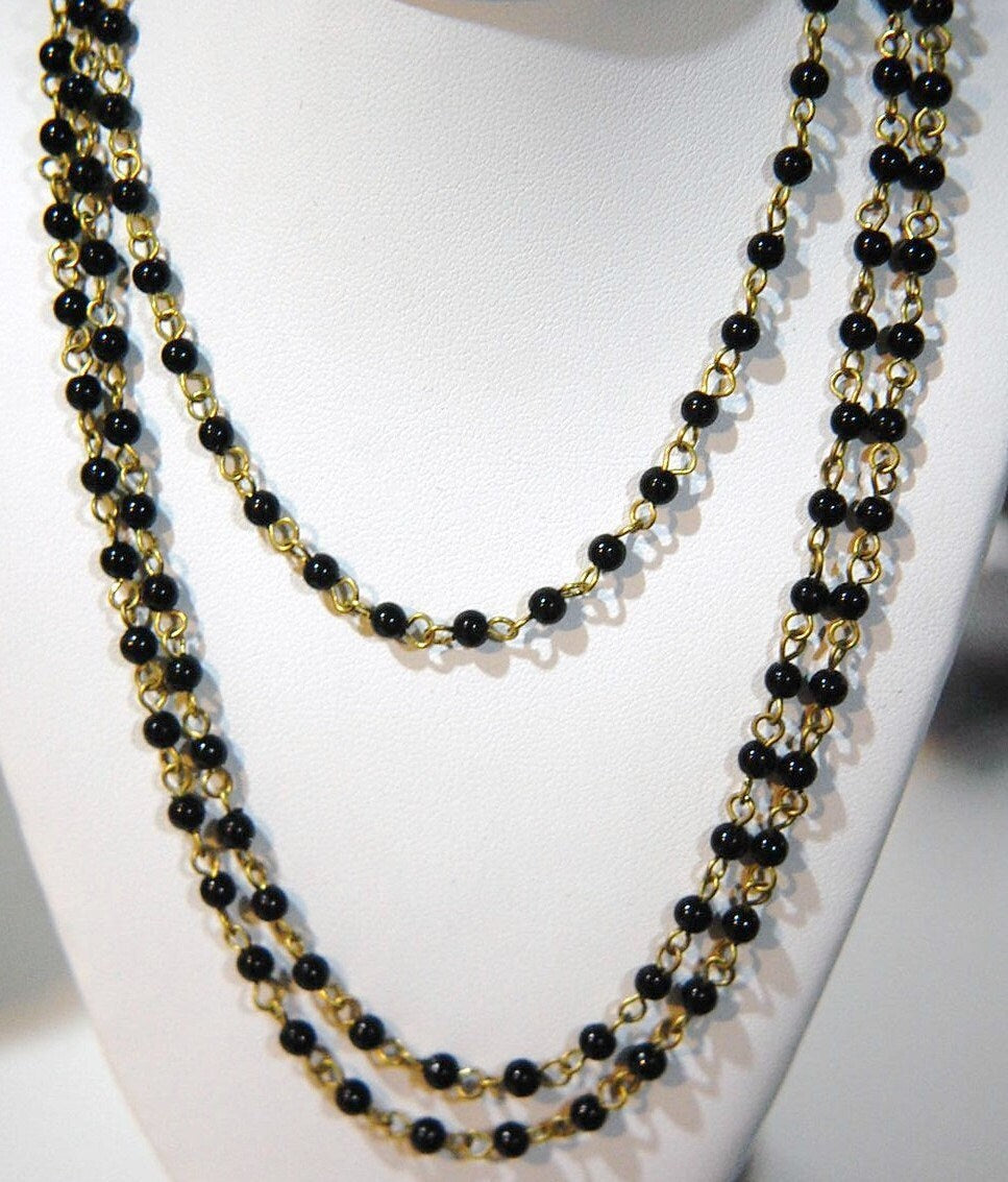 Vintage Black Plastic Beaded Chain Raw Brass Links Japan chn067