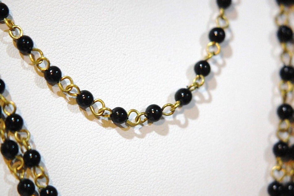 Vintage Black Plastic Beaded Chain Raw Brass Links Japan chn067