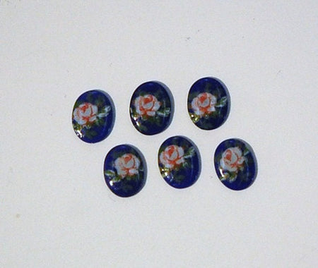 Vintage Pink Rose on Blue Glass Flower Cabochons Japan 8x6mm (6) cab423C