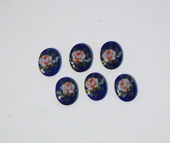Vintage Pink Rose on Blue Glass Flower Cabochons Japan 8x6mm (6) cab423C