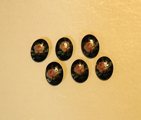 Vintage Pink Rose on Black Glass Flower Cabochons Japan 8x6mm (6) cab423A
