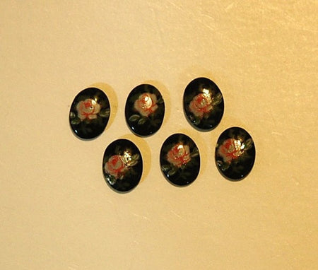 Vintage Pink Rose on Black Glass Flower Cabochons Japan 8x6mm (6) cab423A