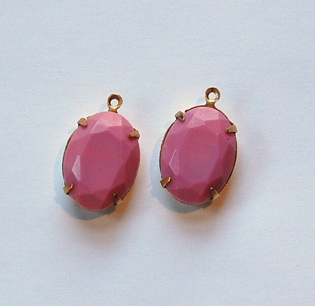 Vintage Opaque Pink Faceted Stone in 1 Loop Brass Setting ovl003R