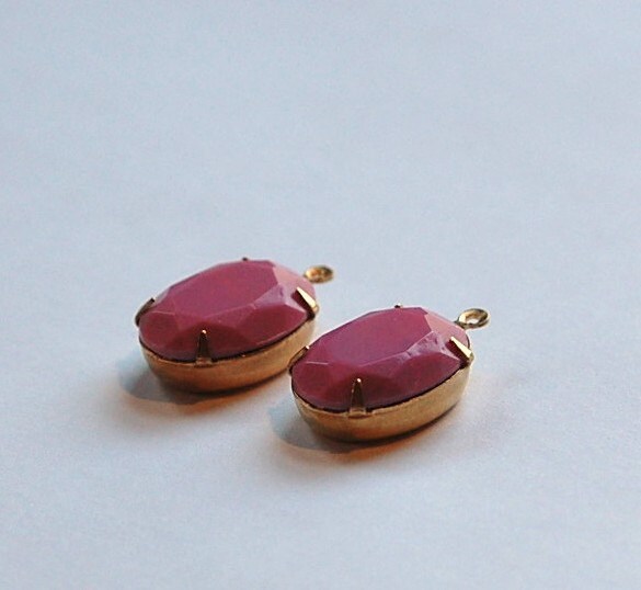 Vintage Opaque Pink Faceted Stone in 1 Loop Brass Setting ovl003R