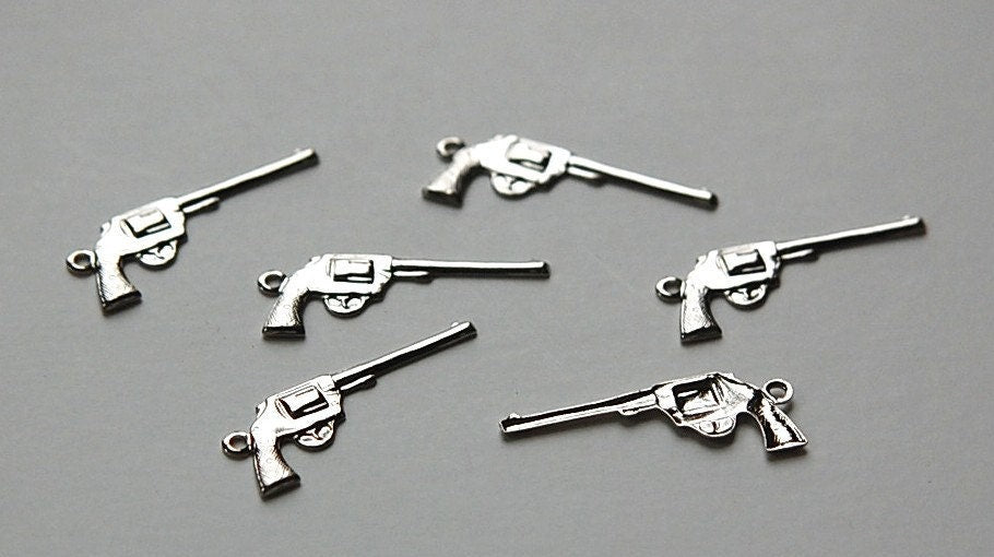 Silver Plated Brass Pistol Gun Charms (6) chr067A