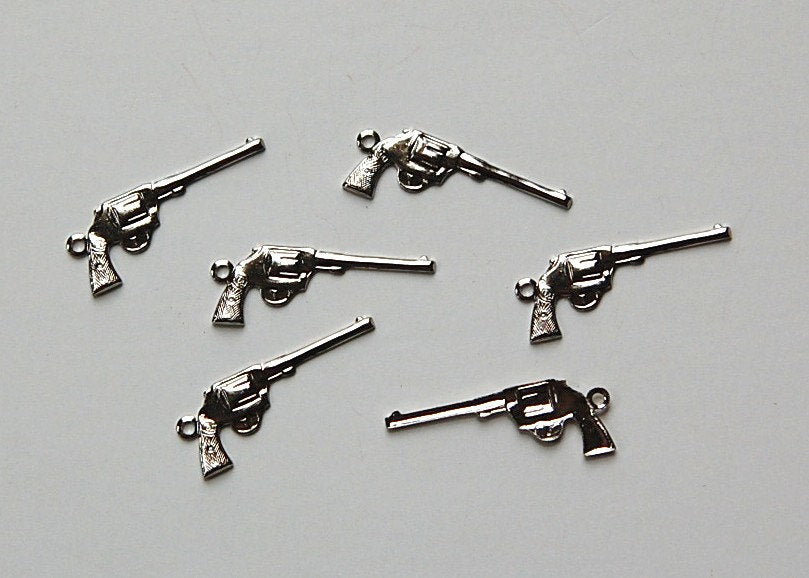 Silver Plated Brass Pistol Gun Charms (6) chr067A