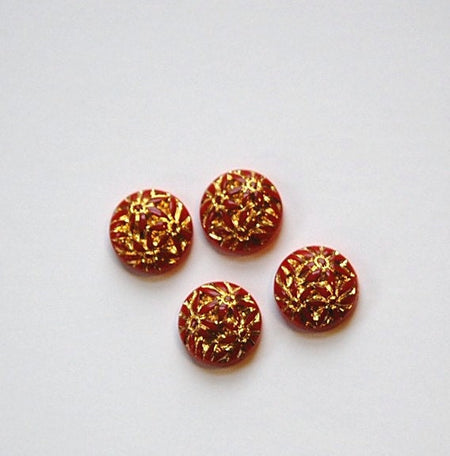 Vintage Red Etched Glass Flower Cabochon with Gold 9mm cab702R