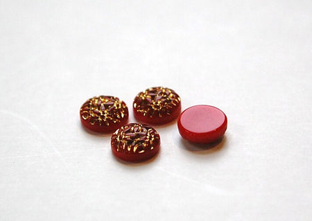 Vintage Red Etched Glass Flower Cabochon with Gold 9mm cab702R