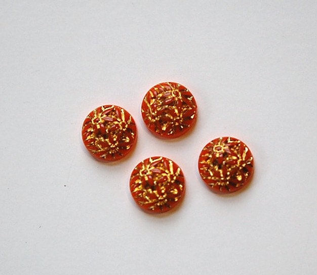 Vintage Orange Etched Glass Flower Cabochon with Gold 9mm cab702T