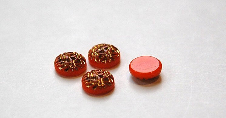 Vintage Orange Etched Glass Flower Cabochon with Gold 9mm cab702T