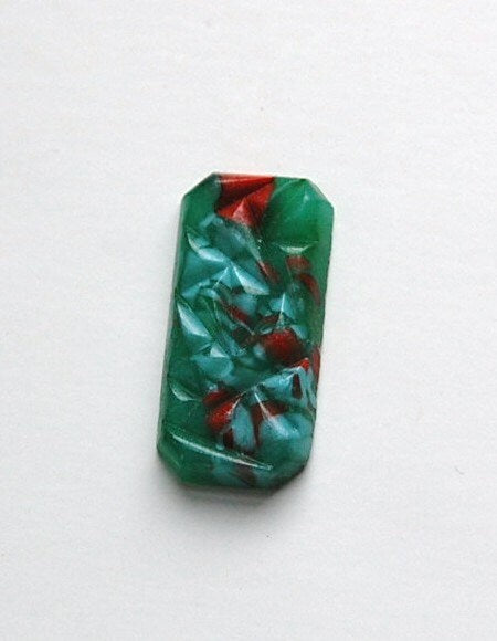Vintage Green Pressed Glass Cabochon with White and Red cab403