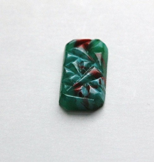 Vintage Green Pressed Glass Cabochon with White and Red cab403