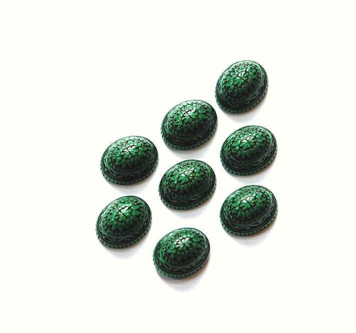 Vintage Mosaic Green and Black Cabochons 10x8mm (8) cab714R