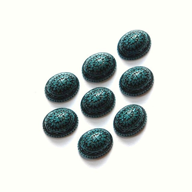 Vintage Mosaic Turquoise Blue and Black Cabochons 10x8mm (8) cab714S