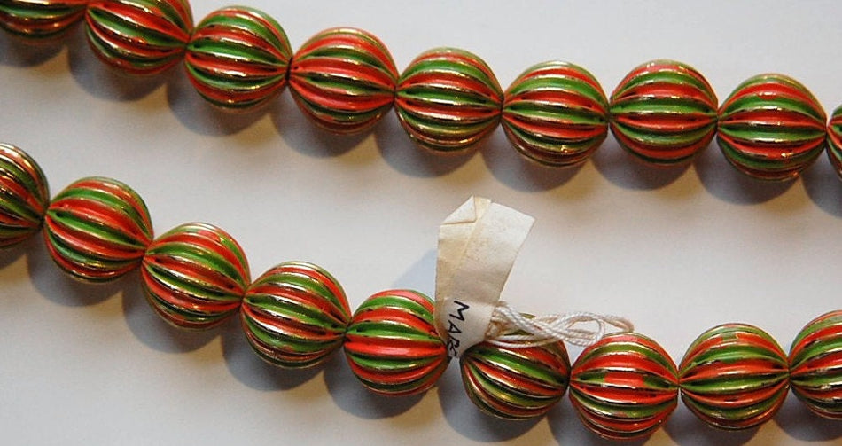 Vintage Brass Melon Beads Painted Orange Green Japan bds999