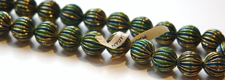 Vintage Brass Melon Beads Painted Green Blue Japan bds999B