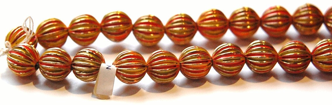 Vintage Brass Melon Beads Painted Orange Yellow Japan bds999C
