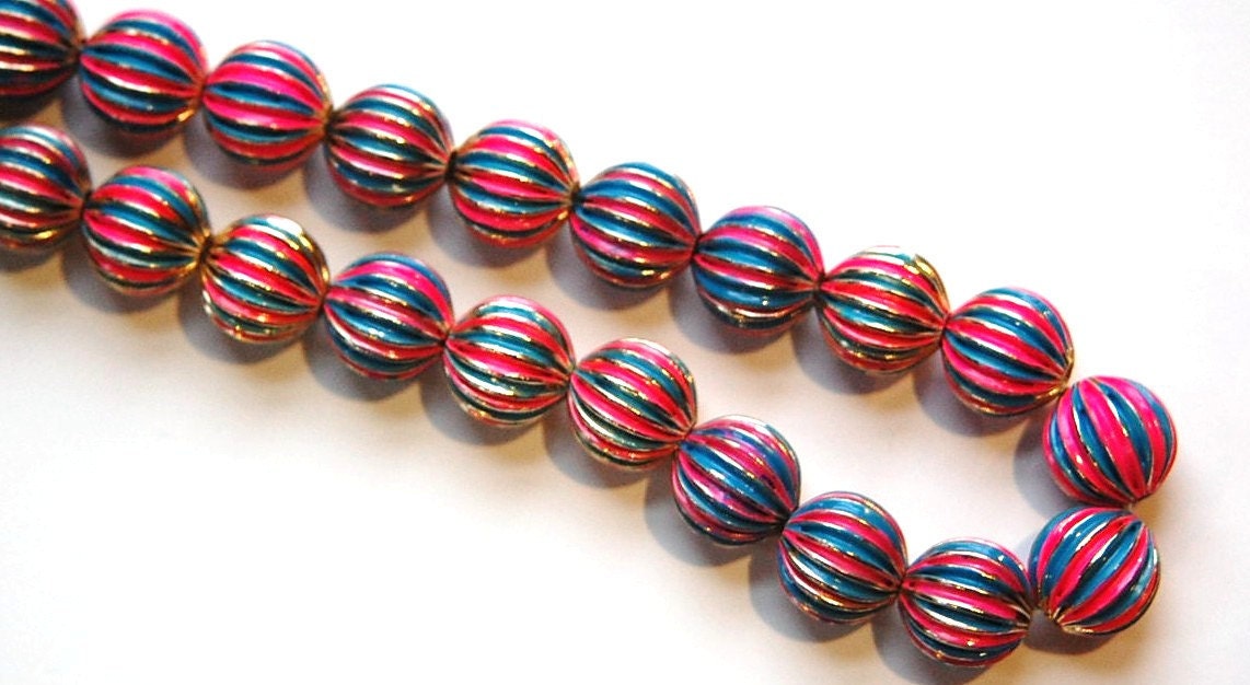 Vintage Brass Melon Beads Painted Pink Blue Japan bds999D