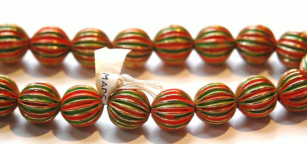Vintage Brass Melon Beads Painted Orange Green Japan bds999