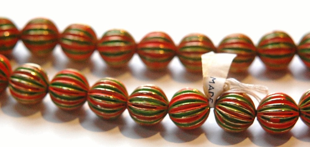 Vintage Brass Melon Beads Painted Orange Green Japan bds999