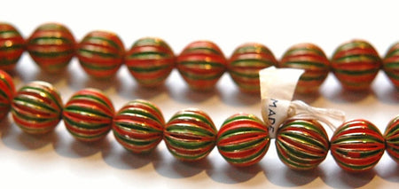 Vintage Brass Melon Beads Painted Orange Green Japan bds999