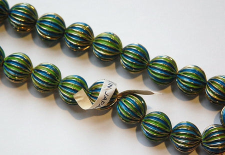 Vintage Brass Melon Beads Painted Green Blue Japan bds999B