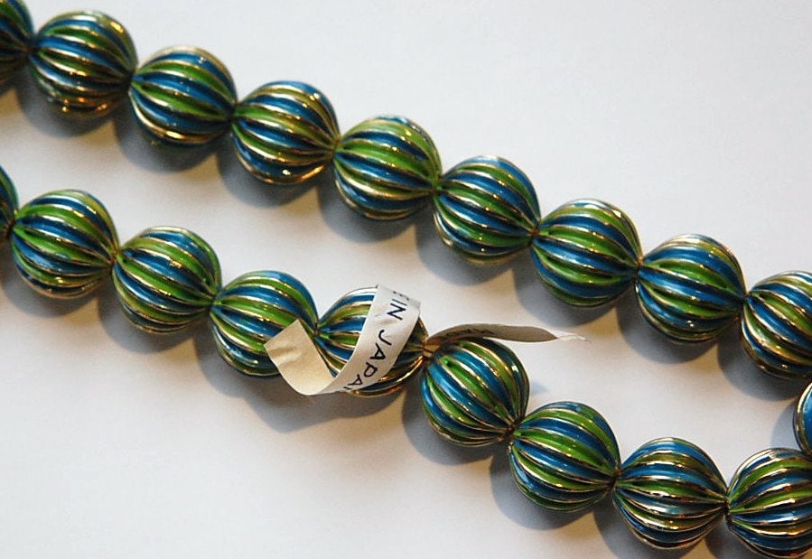 Vintage Brass Melon Beads Painted Green Blue Japan bds999B