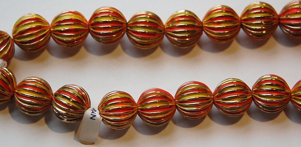 Vintage Brass Melon Beads Painted Orange Yellow Japan bds999C