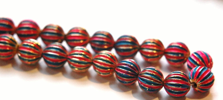 Vintage Brass Melon Beads Painted Pink Blue Japan bds999D