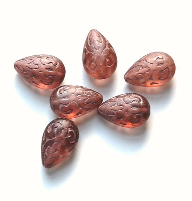 Semi Translucent Palest Purple to Brown Etched Teardrop (6) bds120M