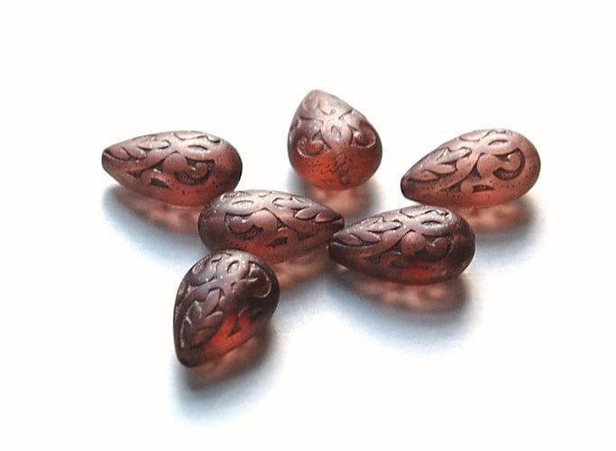 Semi Translucent Palest Purple to Brown Etched Teardrop (6) bds120M