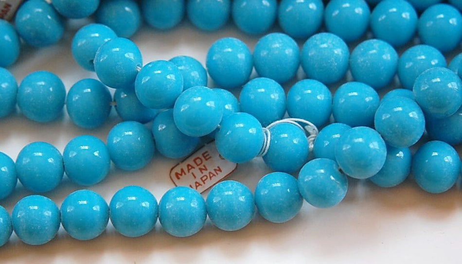 Vintage Turquoise Blue Glass Beads Japan 8- 9mm (6) bds527H