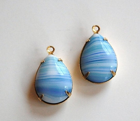 Vintage White Blue Green Glass Teardrop Stones in 1 Loop Brass Setting 18x13mm par004R
