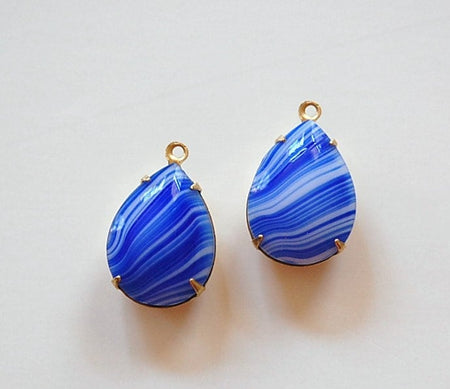 Vintage Navy Blue Stripe Glass Teardrop Stones 1 Loop Brass Setting 18x13mm par004EE