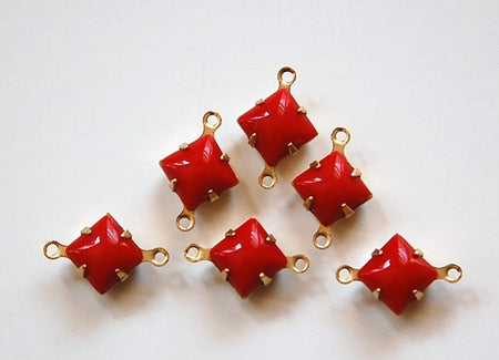 Opaque Red Square Glass Stones in 2 Loop Brass Setting 8mm squ002EE2