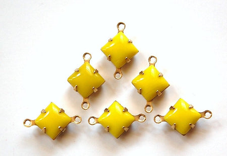 Opaque Yellow Square Glass Stones in 2 Loop Brass Setting 8mm squ002CC2