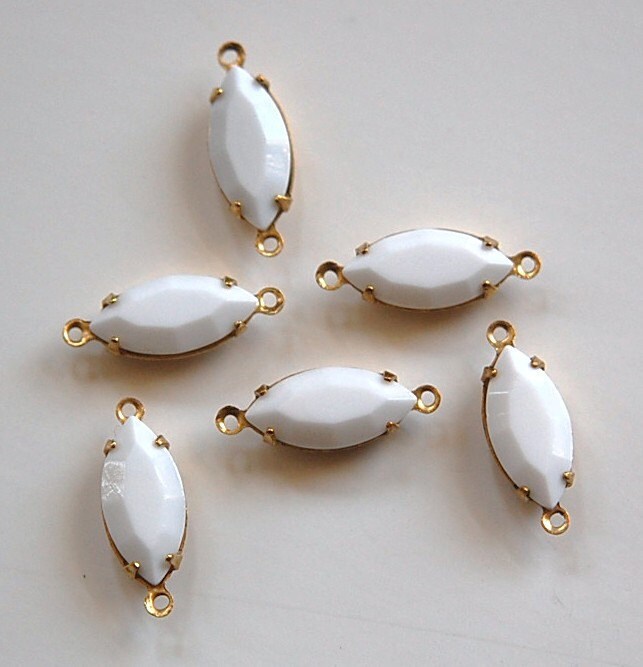 Vintage Opaque White Glass Navettes in 2 Loop Brass Setting nav001E2