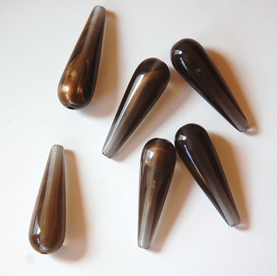 Vintage Smokey Black Acrylic Teardrop Beads with Silky Gold Swirls bds181C