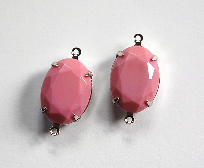 Vintage Opaque Pink Faceted Stone in 2 Loop Silver Setting 18x13mm (2) ovl004R2