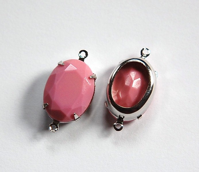 Vintage Opaque Pink Faceted Stone in 2 Loop Silver Setting 18x13mm (2) ovl004R2