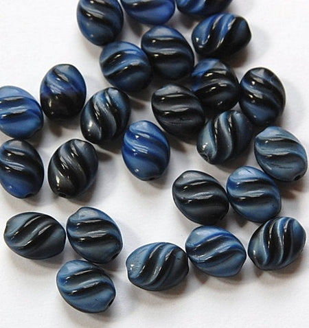 Vintage Blue and Black Twist Ribbed German Glass Beads (8) grm001E