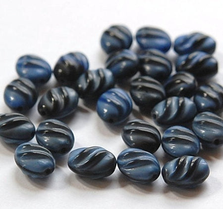 Vintage Blue and Black Twist Ribbed German Glass Beads (8) grm001E
