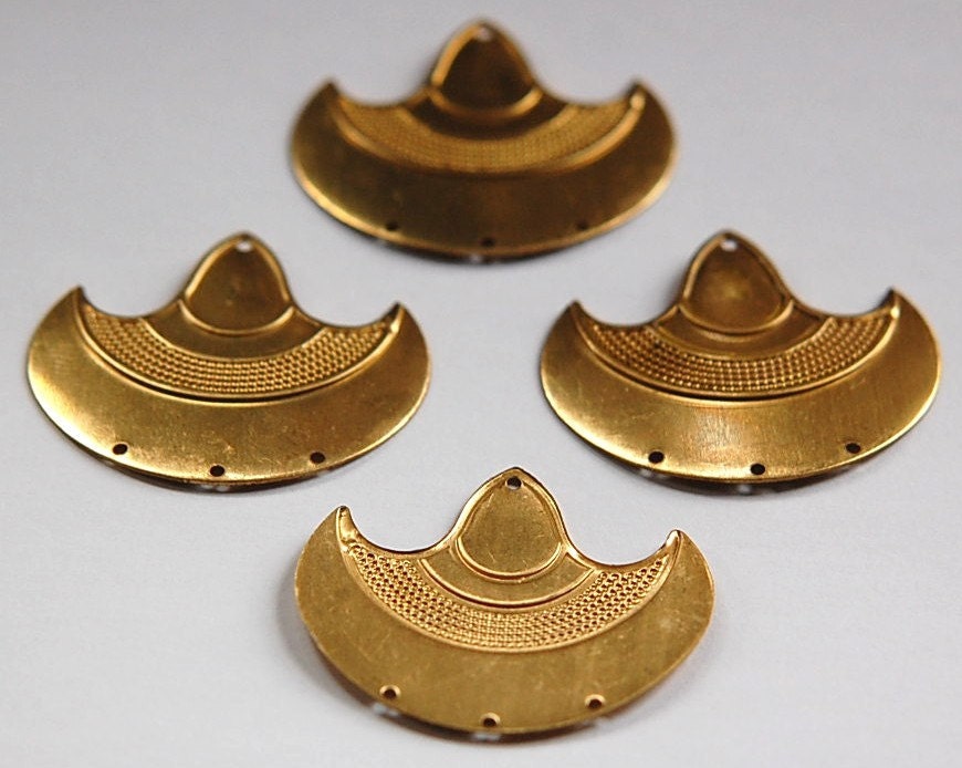 4 Hole Raw Brass Dapped Swooped Tribal Pendant Connector (4) mtl180B