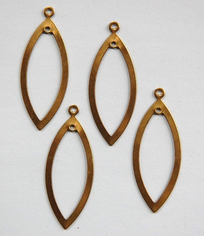2 Hole Raw Brass Long Pointed Oval Pendant Drop 42x12mm (4) mtl054C