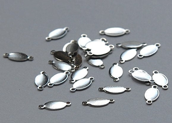 2 Loop Silver Plated Oval Blank Tag Connector Charms 13mm x 6mm (16) mtl320D